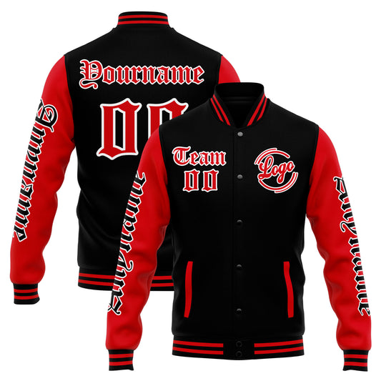 Benutzerdefinierte Varsity-Jacke. Letterman-Jacke für Männer, Frauen und Jugendliche Schwarz Rot