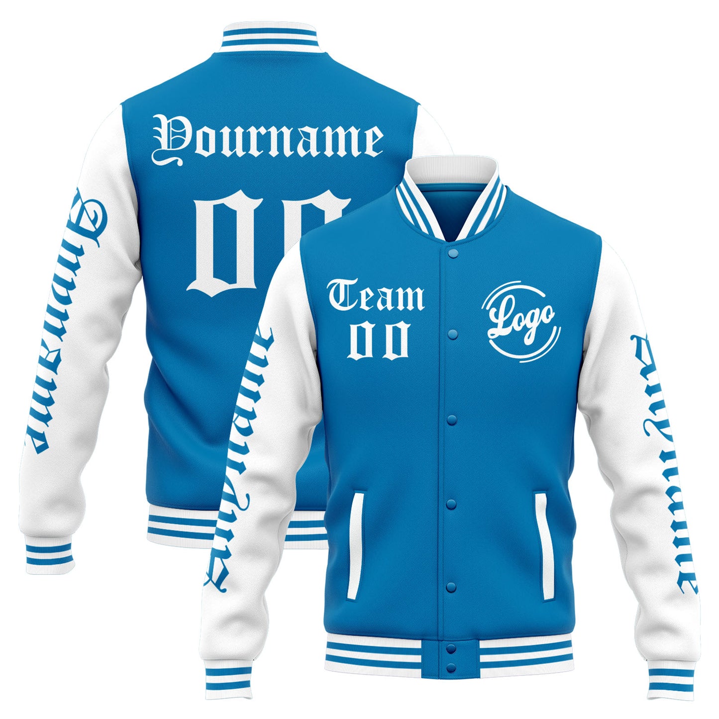 Benutzerdefinierte Varsity-Jacke. Letterman-Jacke für Männer, Frauen und Jugendliche Blau Weiß