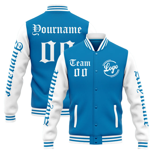Benutzerdefinierte Varsity-Jacke. Letterman-Jacke für Männer, Frauen und Jugendliche Blau Weiß
