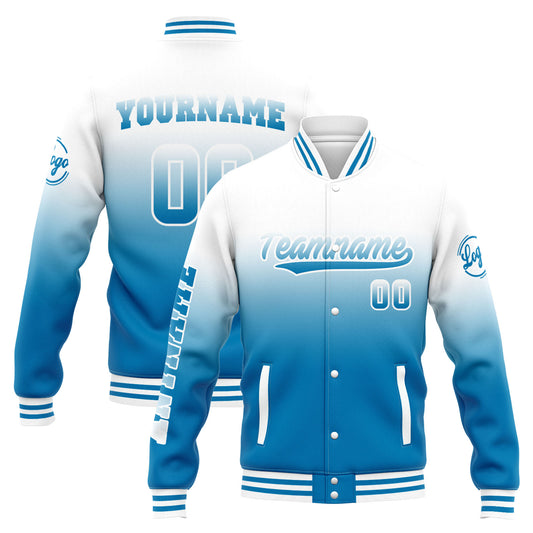 Benutzerdefinierte Varsity-Jacke. Letterman-Jacke für Männer, Frauen und Jugendliche  Weiß Blau Verlauf