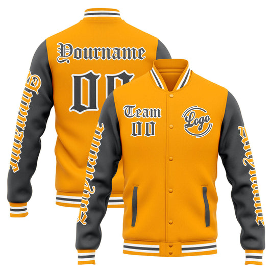 Benutzerdefinierte Varsity-Jacke. Letterman-Jacke für Männer, Frauen und Jugendliche Gelb Grau