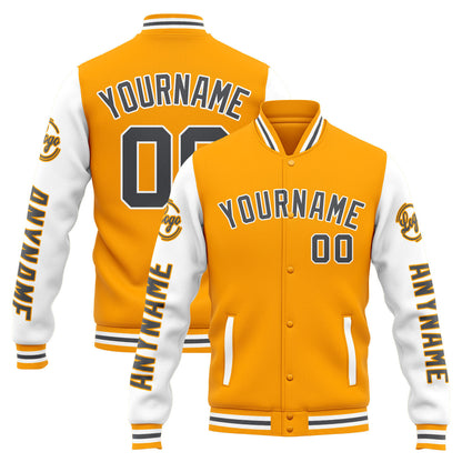 Benutzerdefinierte Varsity-Jacke. Letterman-Jacke für Männer, Frauen und Jugendliche Gelb Weiß