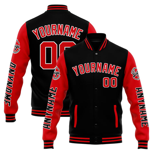 Benutzerdefinierte Varsity-Jacke. Letterman-Jacke für Männer, Frauen und Jugendliche Schwarz Rot
