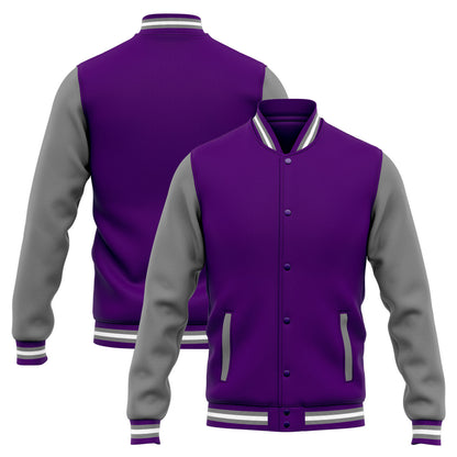 Benutzerdefinierte Varsity-Jacke. Letterman-Jacke für Männer, Frauen und Jugendliche Lila Grau