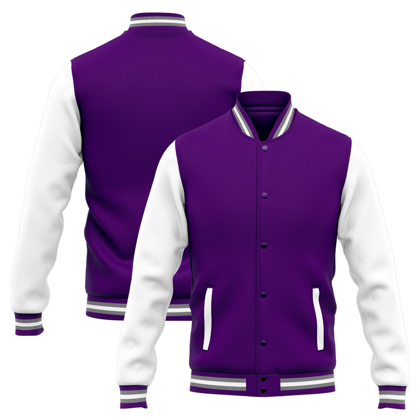 Benutzerdefinierte Varsity-Jacke. Letterman-Jacke für Männer, Frauen und Jugendliche Lila Weiß