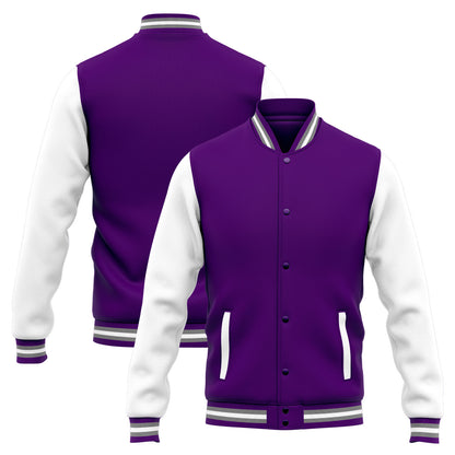 Benutzerdefinierte Varsity-Jacke. Letterman-Jacke für Männer, Frauen und Jugendliche Lila Weiß