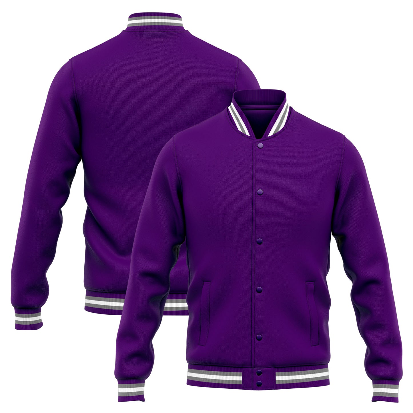 Benutzerdefinierte Varsity-Jacke. Letterman-Jacke für Männer, Frauen und Jugendliche Lila Grau