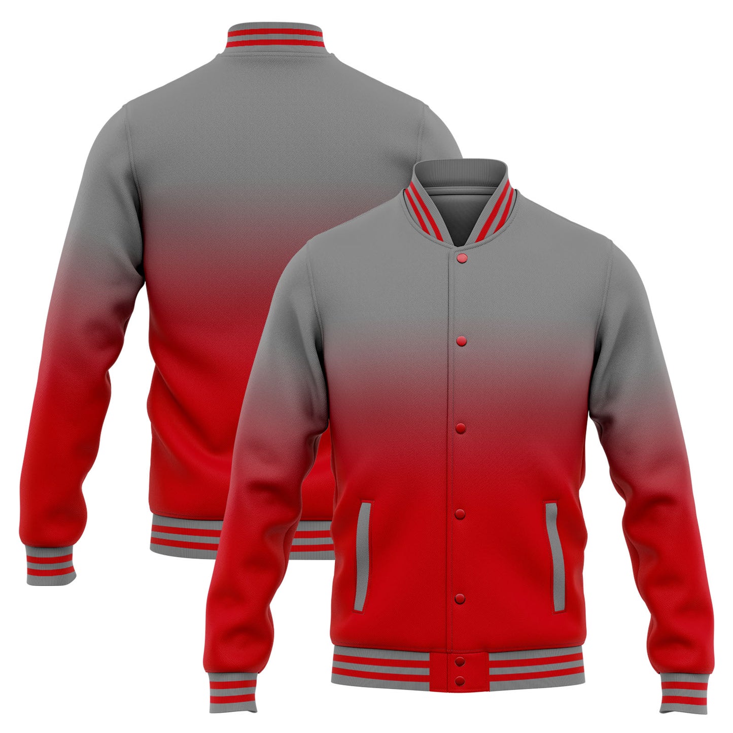 Benutzerdefinierte Varsity-Jacke. Letterman-Jacke für Männer, Frauen und Jugendliche Grau Rot Verlauf