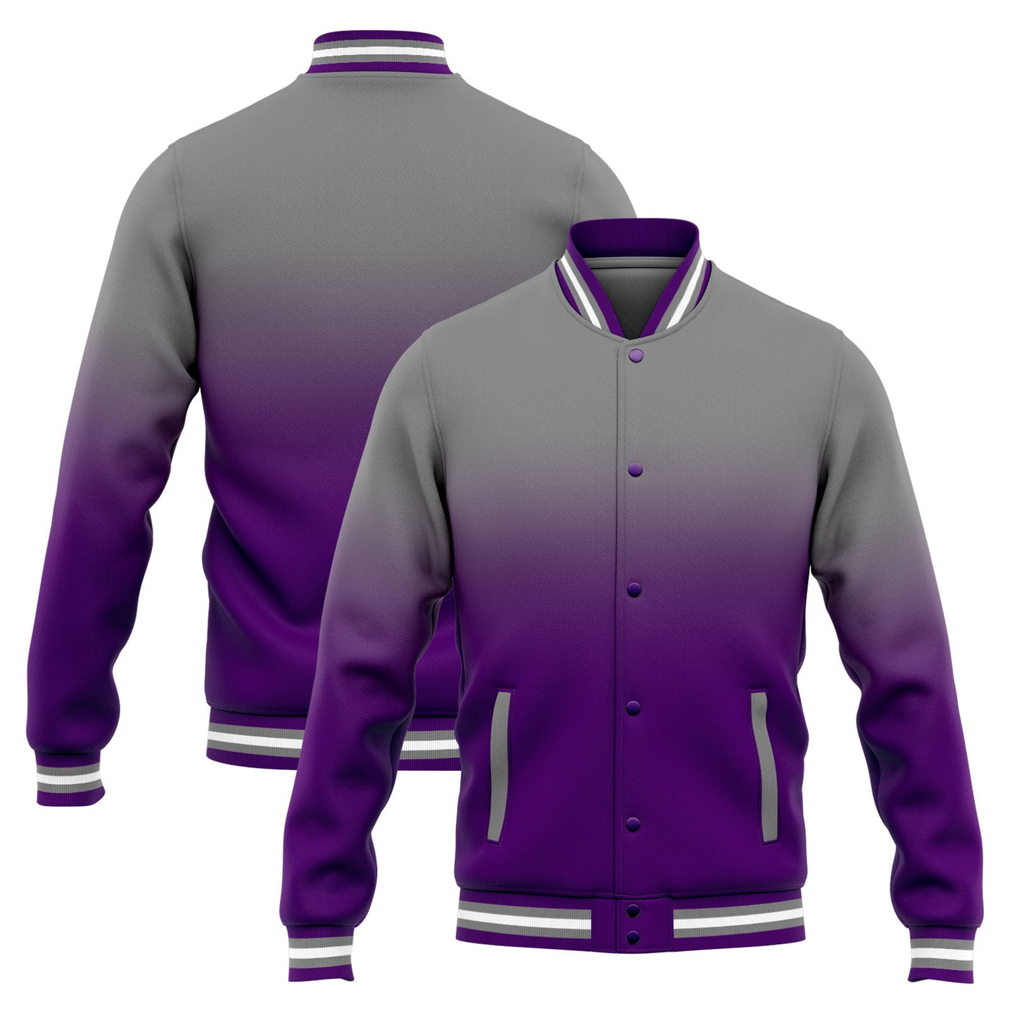 Benutzerdefinierte Varsity-Jacke. Letterman-Jacke für Männer, Frauen und Jugendliche Grauvioletter Verlauf