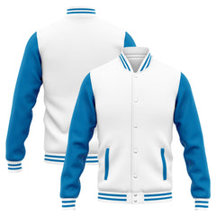 Benutzerdefinierte Varsity-Jacke. Letterman-Jacke für Männer, Frauen und Jugendliche  Weiß Blau