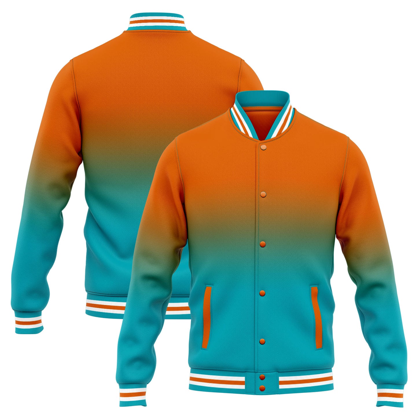 Benutzerdefinierte Varsity-Jacke. Letterman-Jacke für Männer, Frauen und Jugendliche Orange Teal  Verlauf