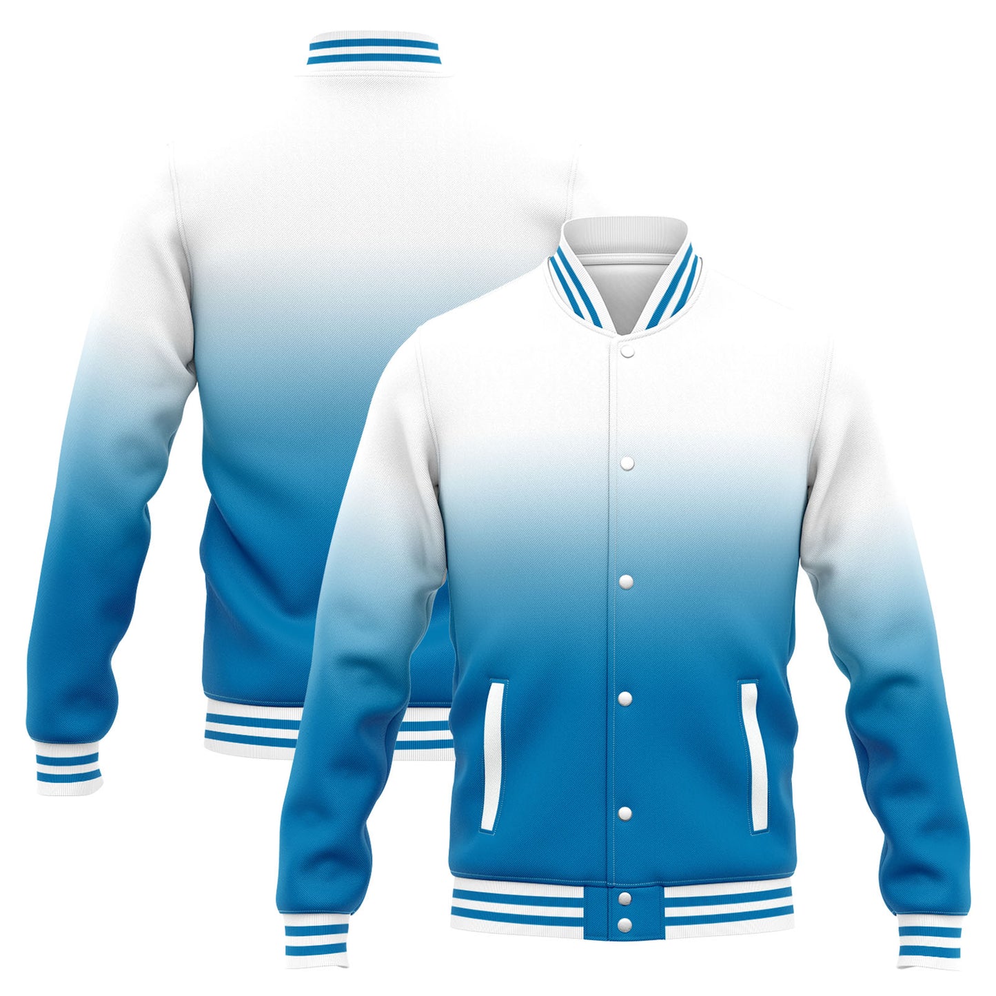 Benutzerdefinierte Varsity-Jacke. Letterman-Jacke für Männer, Frauen und Jugendliche  Weiß Blau Verlauf