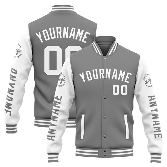 Benutzerdefinierte Varsity-Jacke. Letterman-Jacke für Männer, Frauen und Jugendliche Grau Weiß