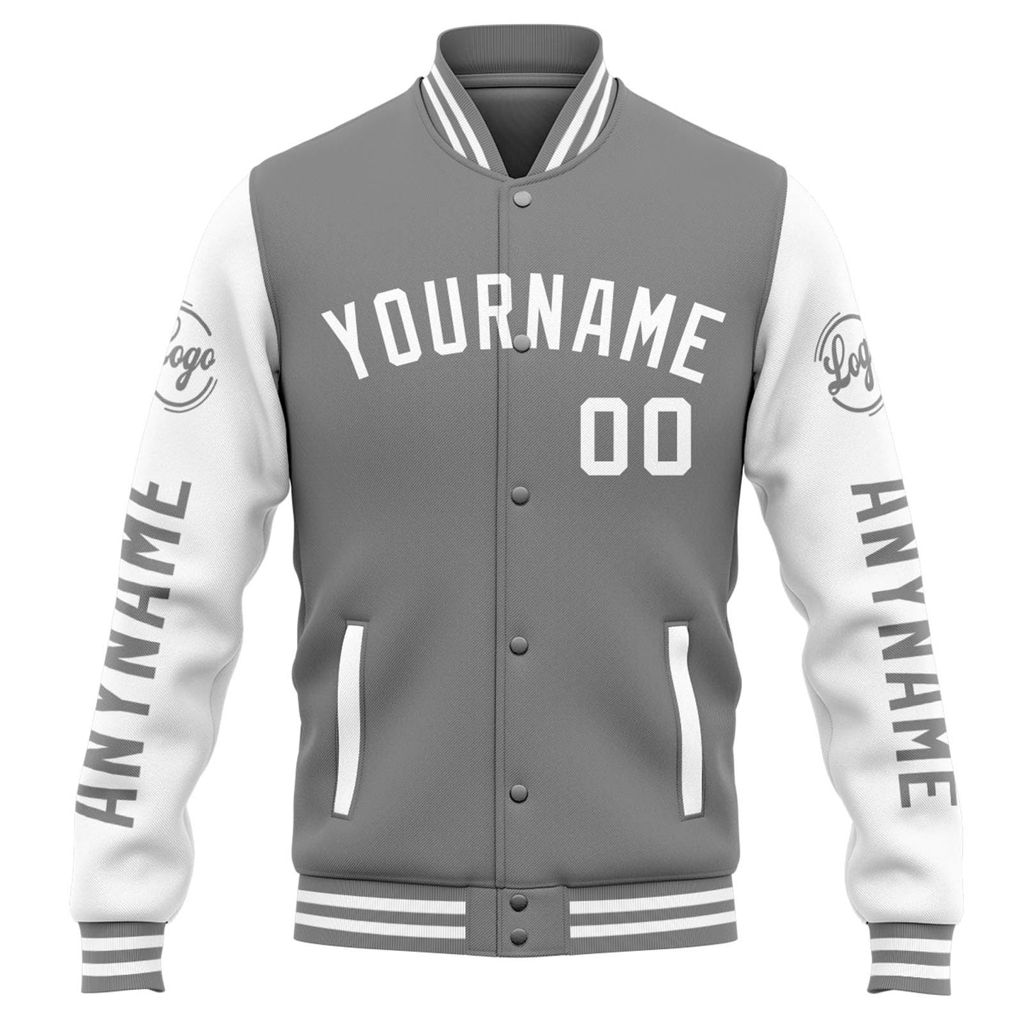 Benutzerdefinierte Varsity-Jacke. Letterman-Jacke für Männer, Frauen und Jugendliche Grau Weiß