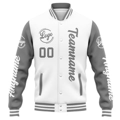 Benutzerdefinierte Varsity-Jacke. Letterman-Jacke für Männer, Frauen und Jugendliche Weiß Grau