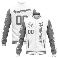 Benutzerdefinierte Varsity-Jacke. Letterman-Jacke für Männer, Frauen und Jugendliche Weiß Grau