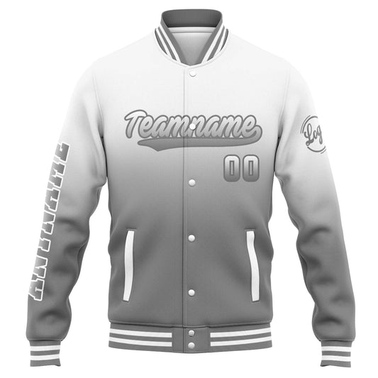 Benutzerdefinierte Varsity-Jacke. Letterman-Jacke für Männer, Frauen und Jugendliche White Grey Gradient