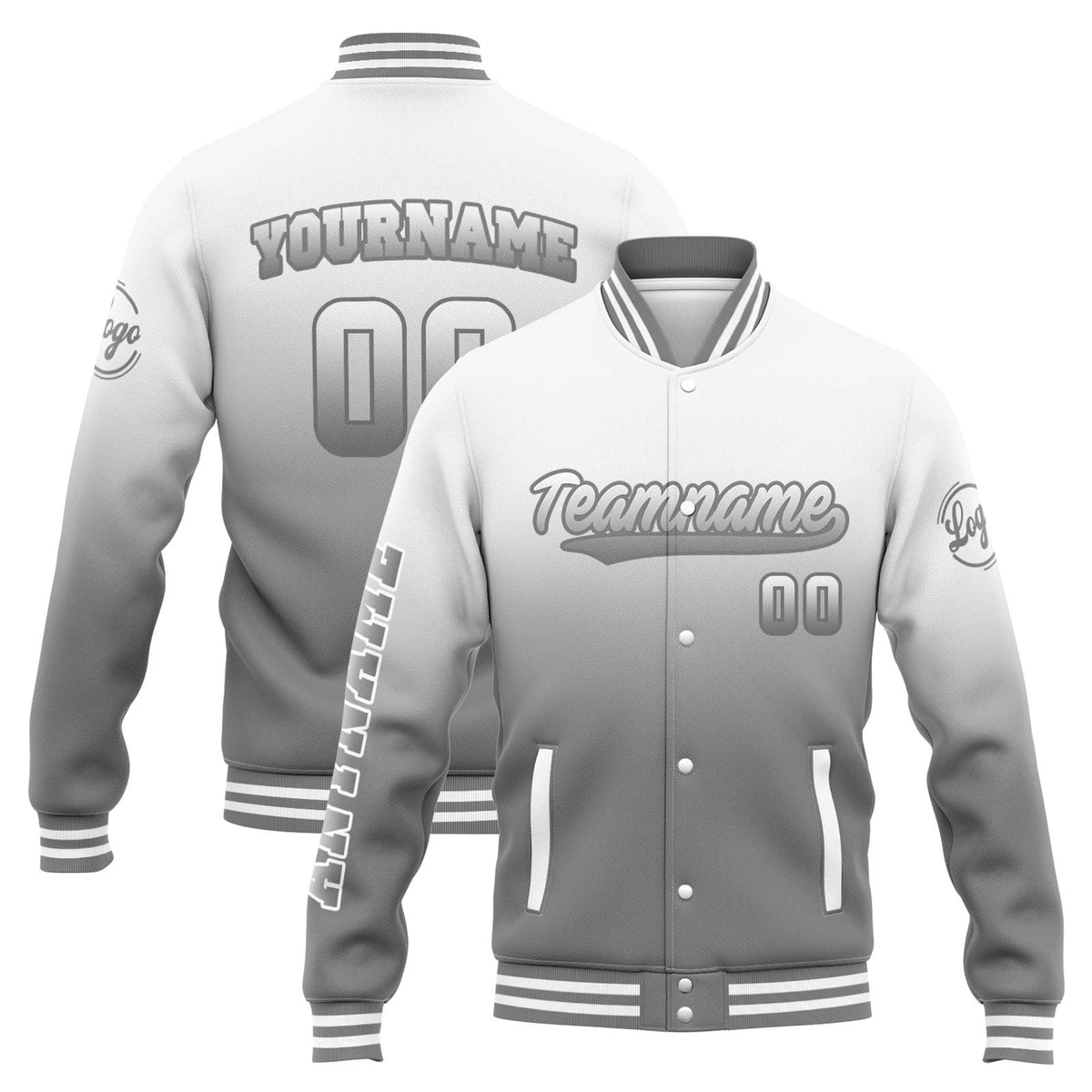 Benutzerdefinierte Varsity-Jacke. Letterman-Jacke für Männer, Frauen und Jugendliche White Grey Gradient