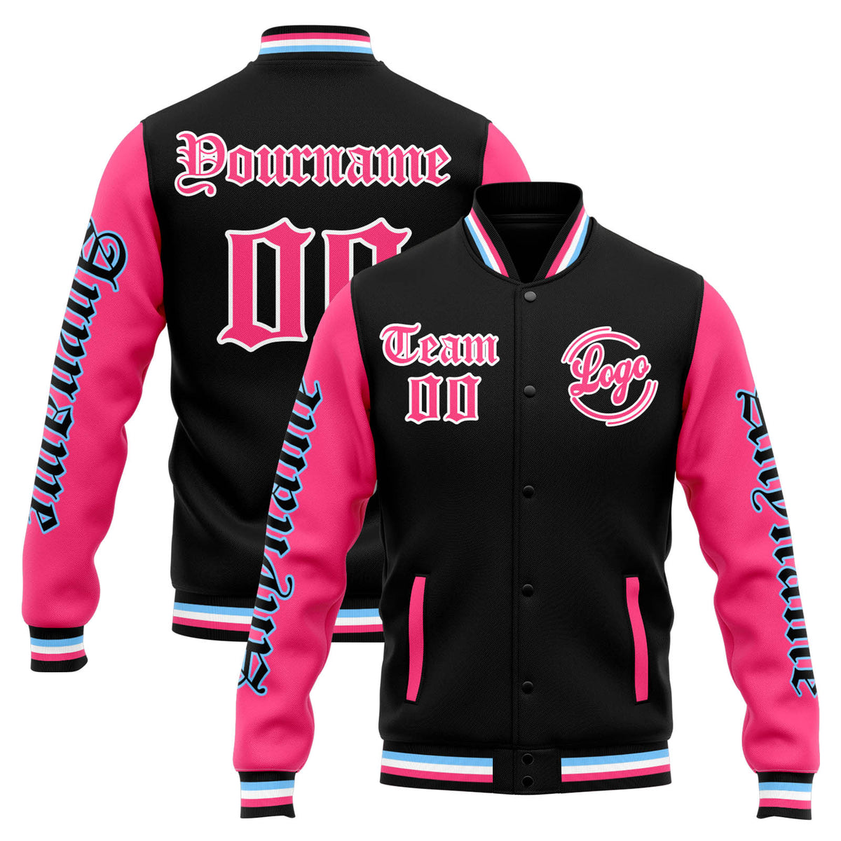 Benutzerdefinierte Varsity-Jacke. Letterman-Jacke für Männer, Frauen und Jugendliche Schwarz Rosa