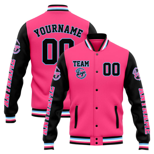 Benutzerdefinierte Varsity-Jacke. Letterman-Jacke für Männer, Frauen und Jugendliche Rosa Schwarz