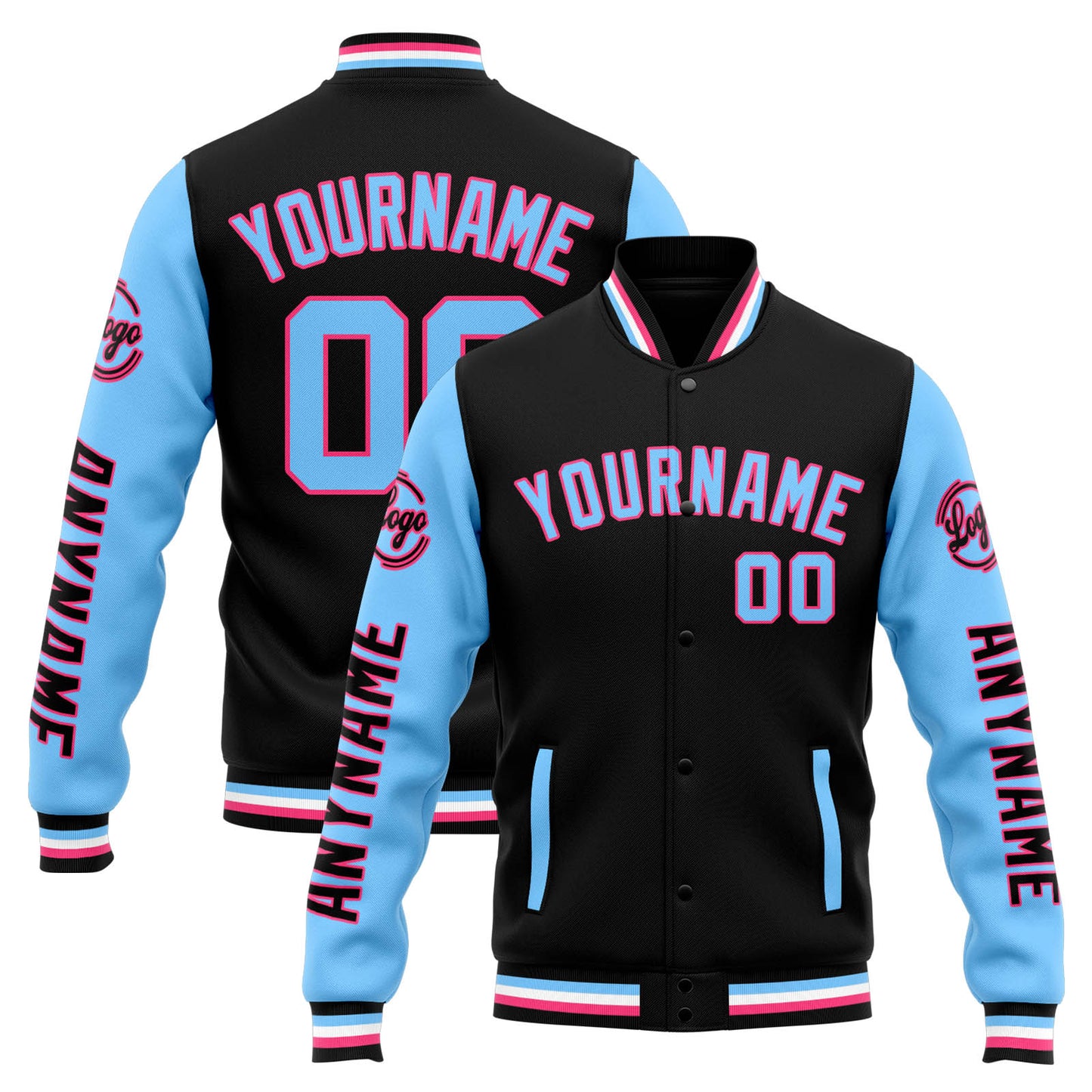 Benutzerdefinierte Varsity-Jacke. Letterman-Jacke für Männer, Frauen und Jugendliche Schwarz Hellblau