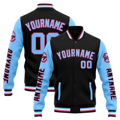 Benutzerdefinierte Varsity-Jacke. Letterman-Jacke für Männer, Frauen und Jugendliche Schwarz Hellblau