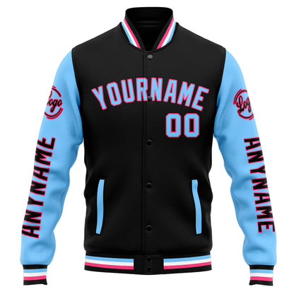 Benutzerdefinierte Varsity-Jacke. Letterman-Jacke für Männer, Frauen und Jugendliche Schwarz Hellblau