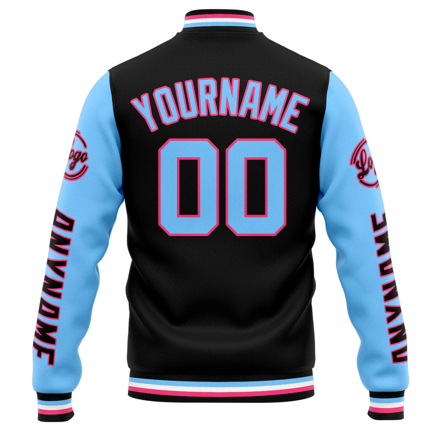 Benutzerdefinierte Varsity-Jacke. Letterman-Jacke für Männer, Frauen und Jugendliche Schwarz Hellblau