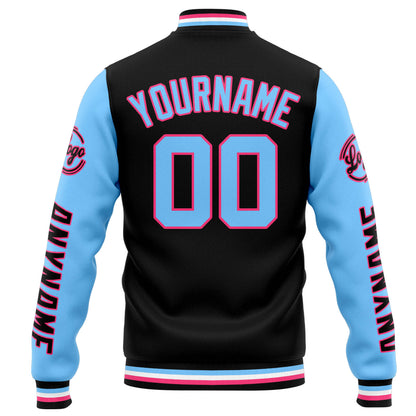 Benutzerdefinierte Varsity-Jacke. Letterman-Jacke für Männer, Frauen und Jugendliche Schwarz Hellblau