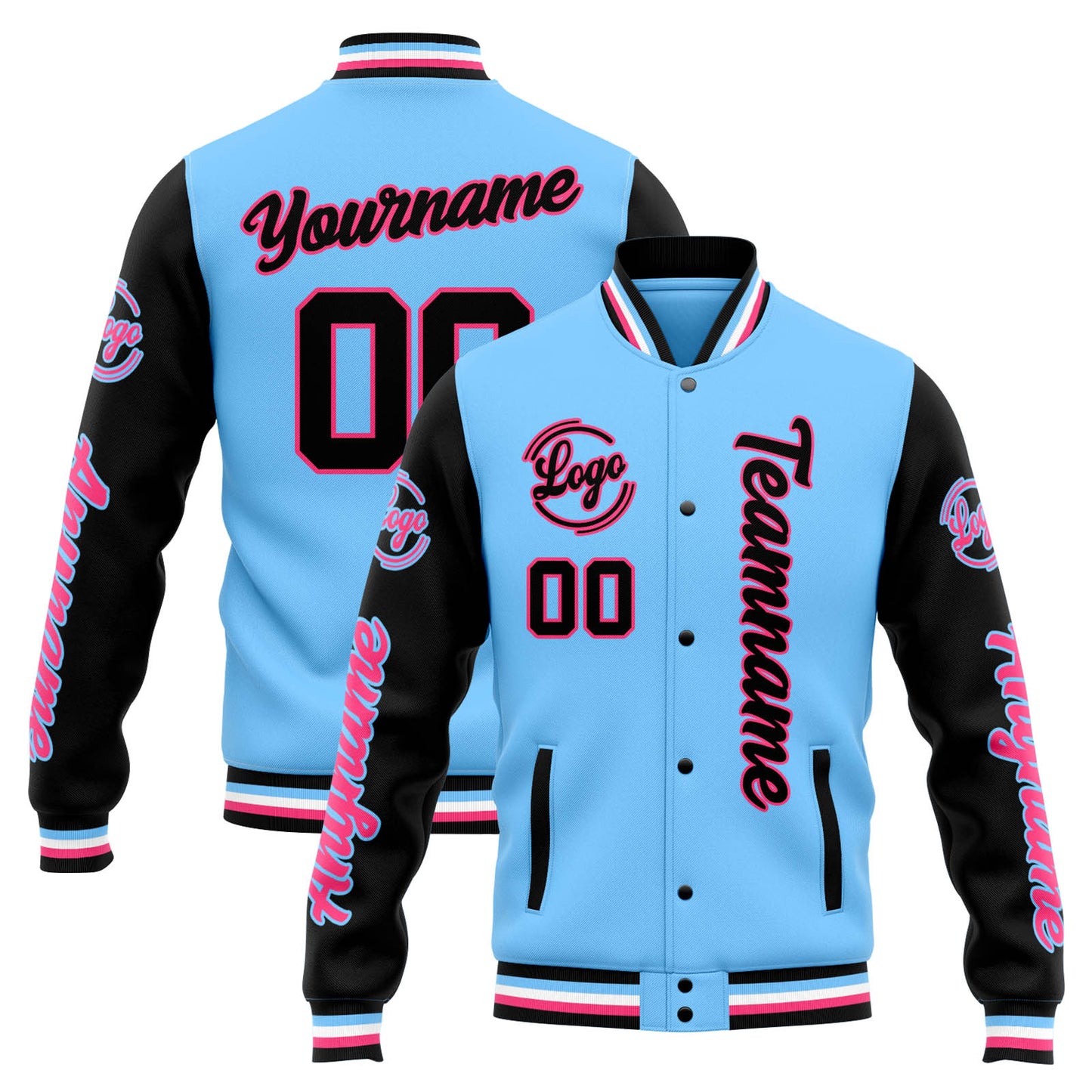 Benutzerdefinierte Varsity-Jacke. Letterman-Jacke für Männer, Frauen und Jugendliche Hellblau Schwarz
