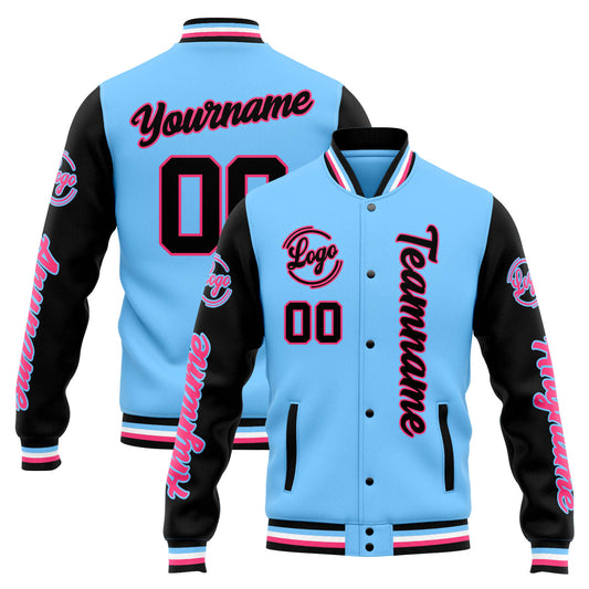 Benutzerdefinierte Varsity-Jacke. Letterman-Jacke für Männer, Frauen und Jugendliche Hellblau Schwarz