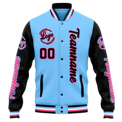 Benutzerdefinierte Varsity-Jacke. Letterman-Jacke für Männer, Frauen und Jugendliche Hellblau Schwarz