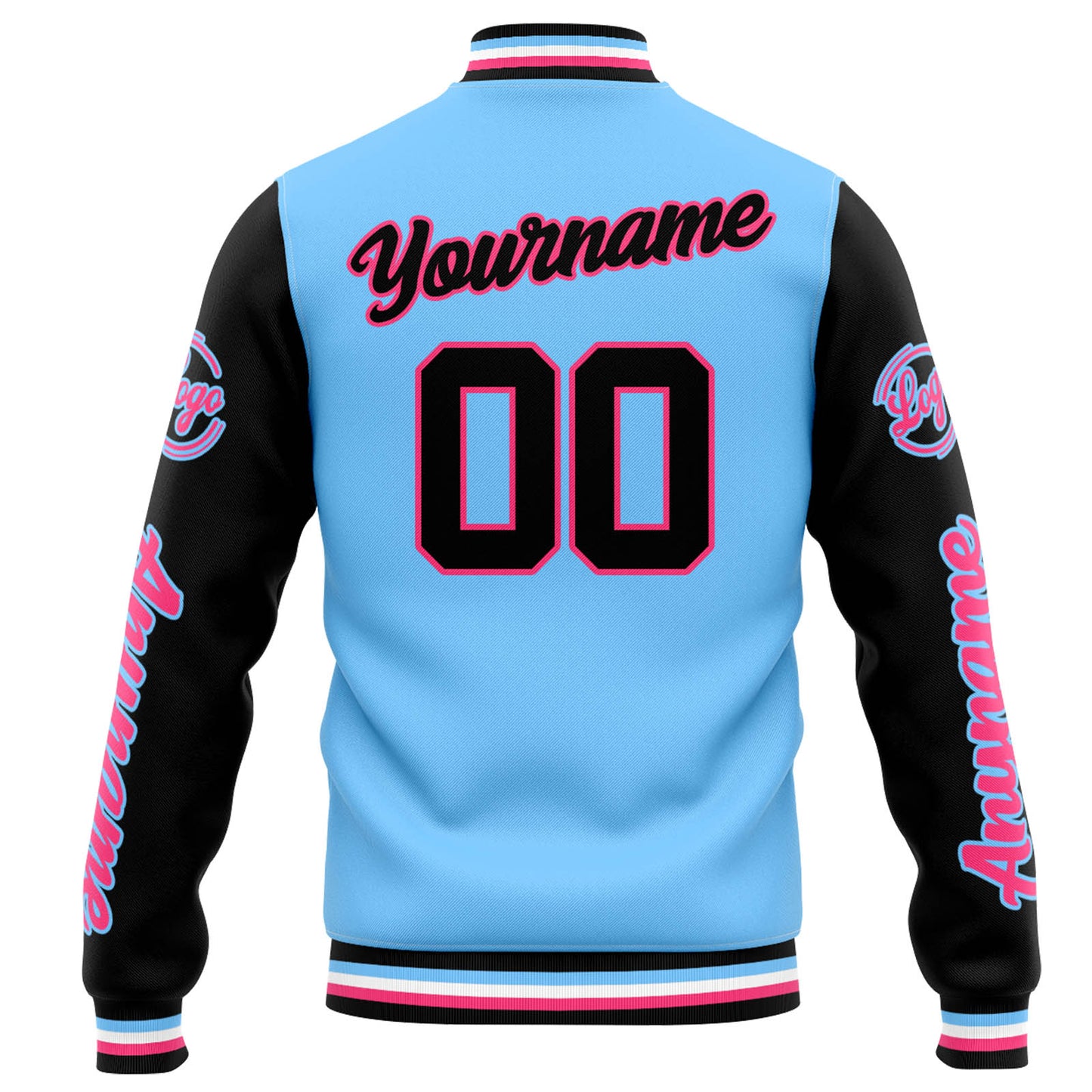 Benutzerdefinierte Varsity-Jacke. Letterman-Jacke für Männer, Frauen und Jugendliche Hellblau Schwarz