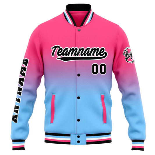 Benutzerdefinierte Varsity-Jacke. Letterman-Jacke für Männer, Frauen und Jugendliche Rosa Hellblauer Verlauf