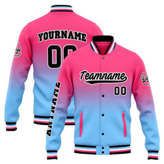 Benutzerdefinierte Varsity-Jacke. Letterman-Jacke für Männer, Frauen und Jugendliche Rosa Hellblauer Verlauf