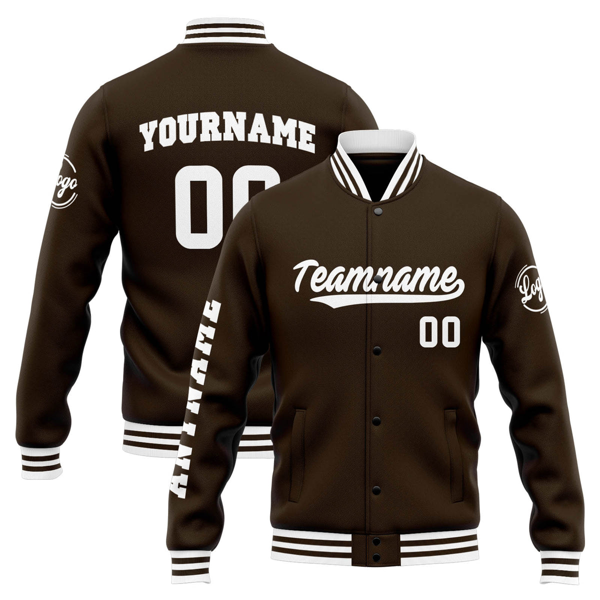 Benutzerdefinierte Varsity-Jacke. Letterman-Jacke für Männer, Frauen und Jugendliche Braun Weiß