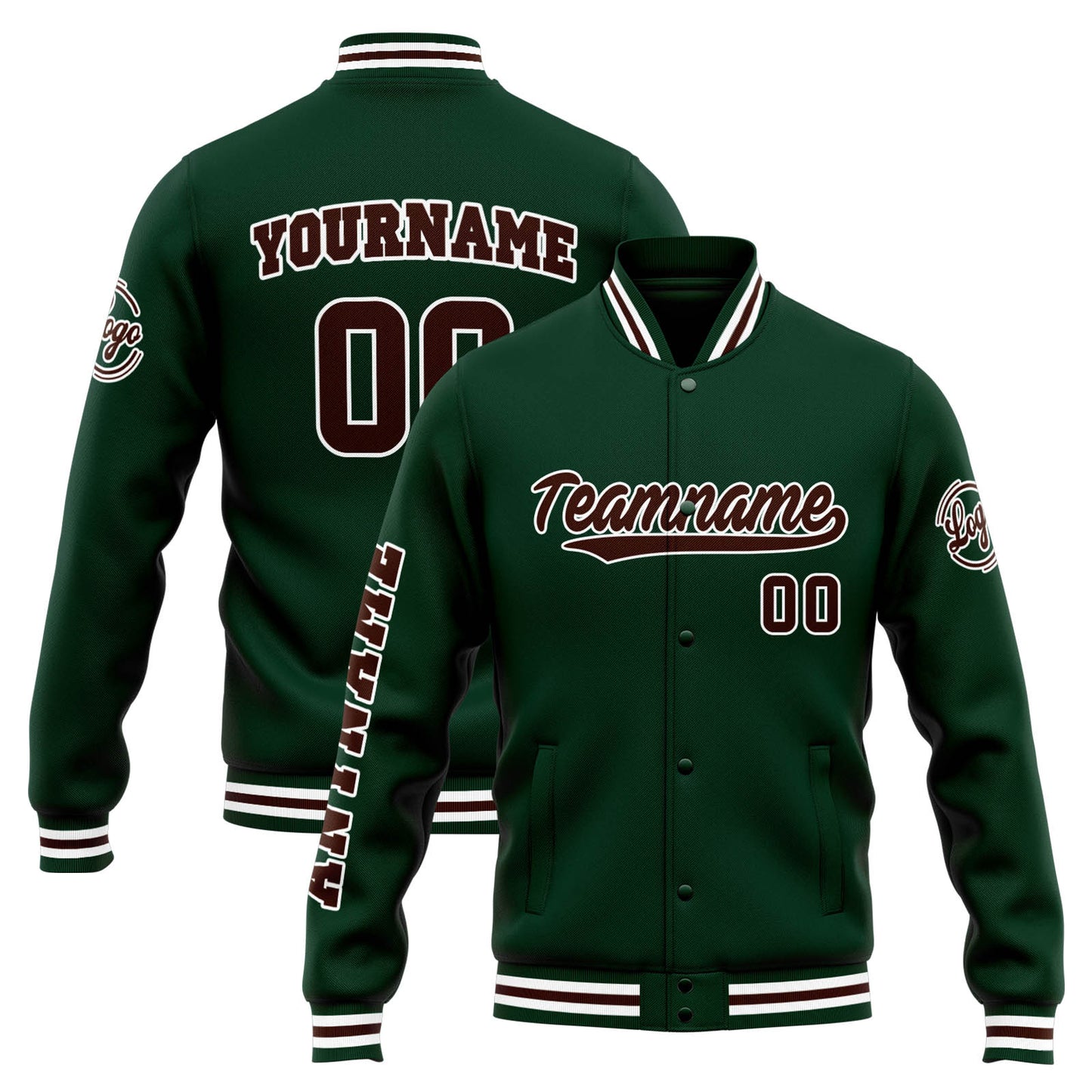 Benutzerdefinierte Varsity-Jacke. Letterman-Jacke für Männer, Frauen und Jugendliche Grün Braun