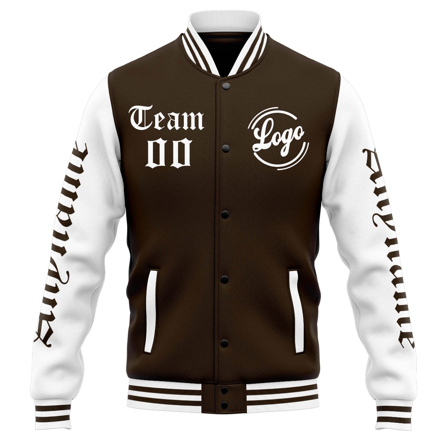 Benutzerdefinierte Varsity-Jacke. Letterman-Jacke für Männer, Frauen und Jugendliche Braun Weiß