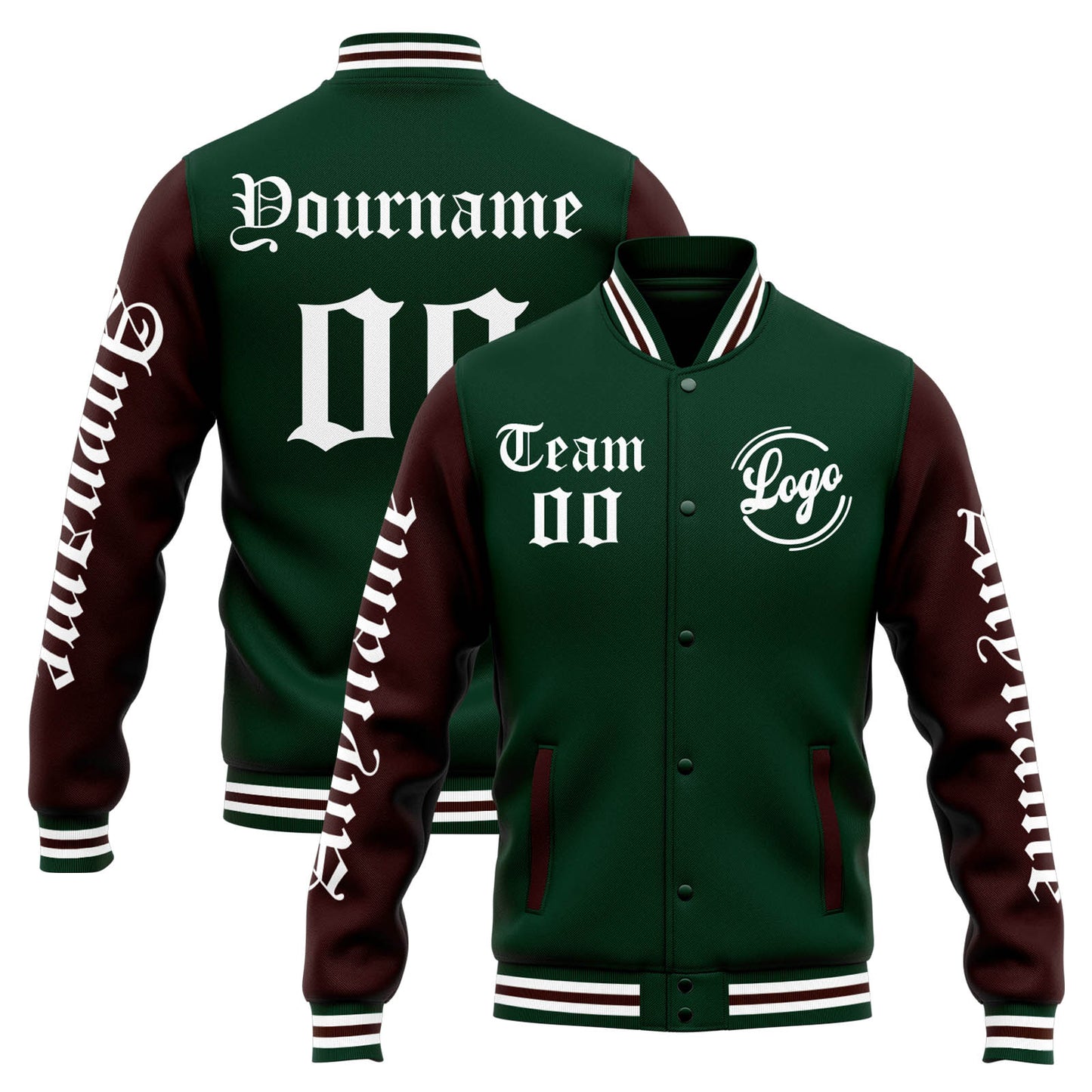 Benutzerdefinierte Varsity-Jacke. Letterman-Jacke für Männer, Frauen und Jugendliche Grün Braun