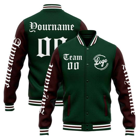 Benutzerdefinierte Varsity-Jacke. Letterman-Jacke für Männer, Frauen und Jugendliche Grün Braun