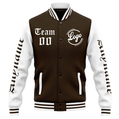 Benutzerdefinierte Varsity-Jacke. Letterman-Jacke für Männer, Frauen und Jugendliche Braun Weiß