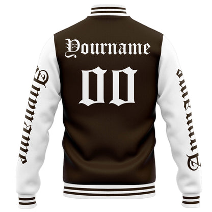 Benutzerdefinierte Varsity-Jacke. Letterman-Jacke für Männer, Frauen und Jugendliche Braun Weiß
