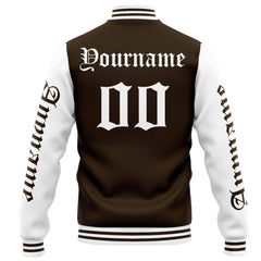 Benutzerdefinierte Varsity-Jacke. Letterman-Jacke für Männer, Frauen und Jugendliche Braun Weiß