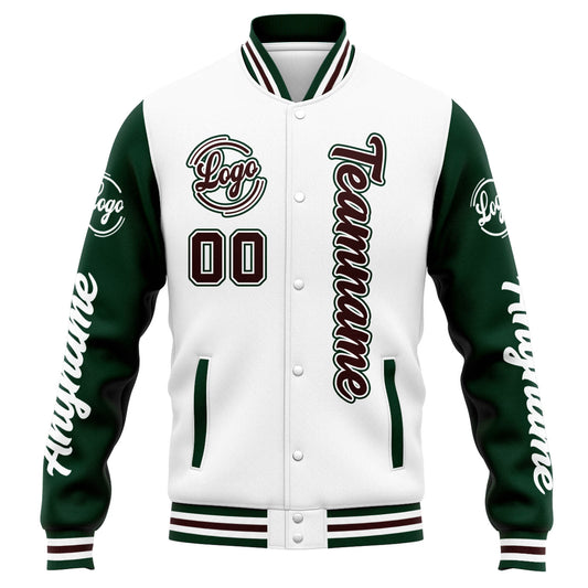 Benutzerdefinierte Varsity-Jacke. Letterman-Jacke für Männer, Frauen und Jugendliche Weiß Grün Braun