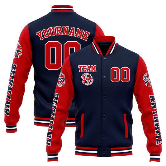 Benutzerdefinierte Varsity-Jacke. Letterman-Jacke für Männer, Frauen und Jugendliche Marine Rot