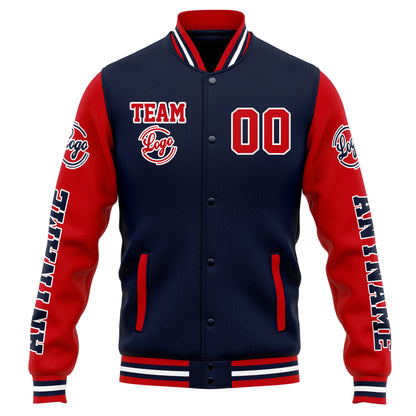 Benutzerdefinierte Varsity-Jacke. Letterman-Jacke für Männer, Frauen und Jugendliche Marine Rot