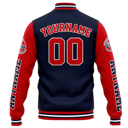 Benutzerdefinierte Varsity-Jacke. Letterman-Jacke für Männer, Frauen und Jugendliche Marine Rot