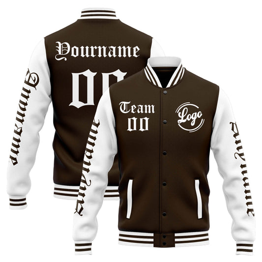 Benutzerdefinierte Varsity-Jacke. Letterman-Jacke für Männer, Frauen und Jugendliche Braun Weiß