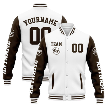 Benutzerdefinierte Varsity-Jacke. Letterman-Jacke für Männer, Frauen und Jugendliche Weiß Braun