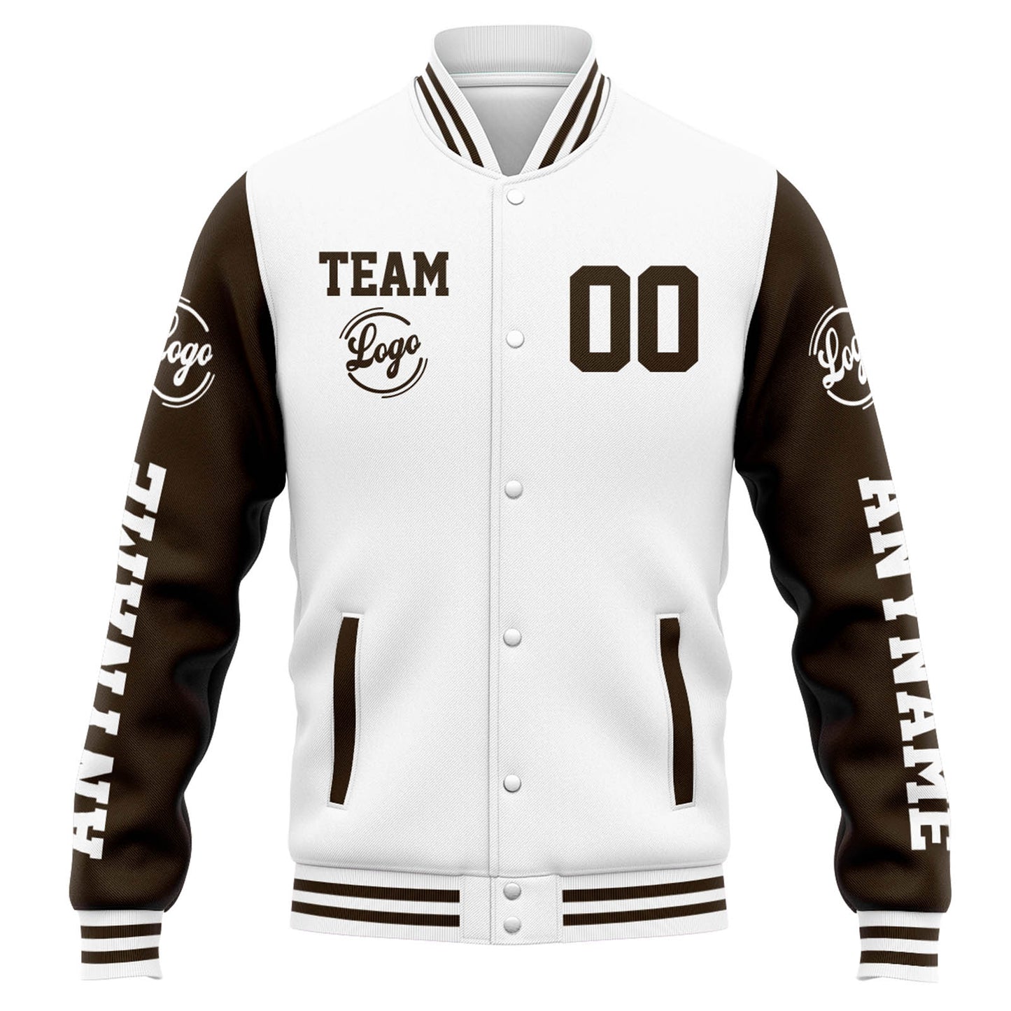 Benutzerdefinierte Varsity-Jacke. Letterman-Jacke für Männer, Frauen und Jugendliche Weiß Braun